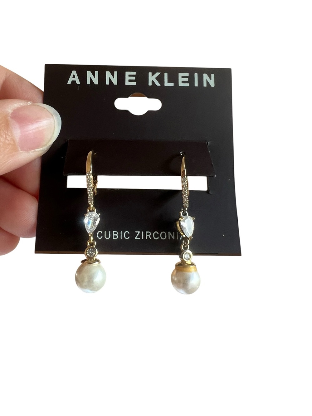 Anne Klein Gold-Tone Pearl and Cubic Zirconia Linear Drop Earrings - NWT - Picture 1 of 3